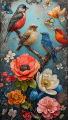 Obraz na płótnie Canvas Birds and flowers rococo painting