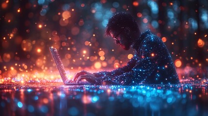 Holographic social media theme with a businessman using a computer in the background, representing the concept of the internet.