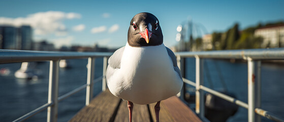 
A black-headed gull stands gracefully on a railing, gazing with curiosity and poise. The bird's poised presence captures a moment of tranquil observation against the backdrop of its surroundings.

