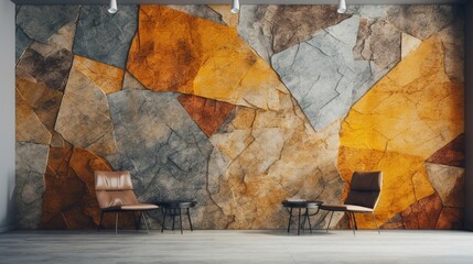 A rough stone pattern on the wall with iridescent yellow beige orange and gray. Design and architecture