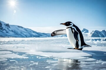 Fototapeta premium Penguin in polar regions on ice.