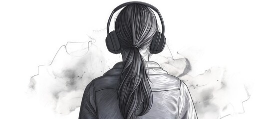 Woman wearing headphones in outline.