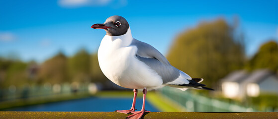 
A black-headed gull stands gracefully on a railing, gazing with curiosity and poise. The bird's poised presence captures a moment of tranquil observation against the backdrop of its surroundings.

