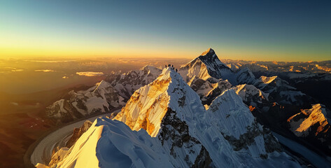 Mountain landscape at sunset. Panoramic view. Himalayas, Nepal