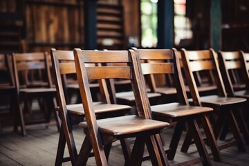 brown chairs background in a row on wooden floor, back to school. Generative ai