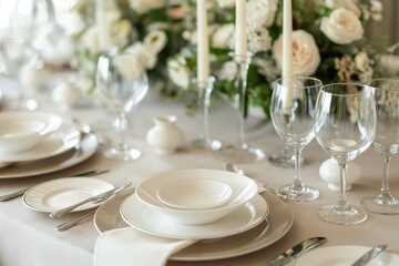Golden sunset light cascading over an elegant wedding dinner table with sparkling glassware and pristine white plates..