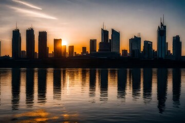 Fototapeta premium Beautiful view of the sunset at the sea with buildings of the city.