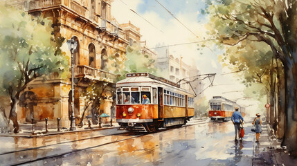 tram in the city - obrazy, fototapety, plakaty