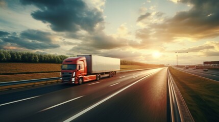 Fast-moving freight trucks racing on a rural highway with blurred motion on the freeway.