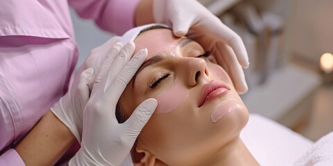 Aesthetician assessing female's facial skin by touching and inspecting. Woman's face being inspected by cosmetologist's hands in a studio.
