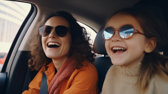 A joyful mother and child driving together to play soccer, bonding and smiling on an exciting road adventure.