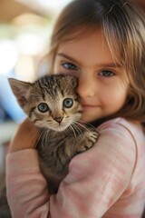A young girl with a soft smile cuddles her striped kitten, sharing a gentle and loving embrace