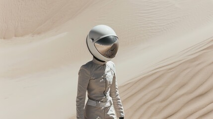  woman wearing a silver helmet walking on the sand, in the style of spacesolarpunk, pop inspo, installation-based, observational photography, cosmic visions