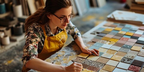 Female architectural designer chooses epoxy grout for ceramic tiles by comparing finishing samples in a top-down view, for a renovation project, using a spectrum of swatches. - obrazy, fototapety, plakaty