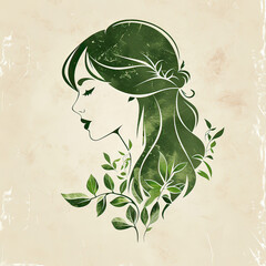 Beauty logo design, silhouette of a woman in leaves in green and beige colors