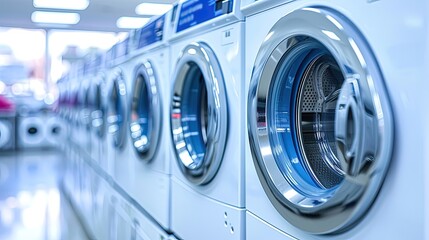 A colorful array of washing machines lined up, each with a different load spinning inside, creating a symphony of cleanliness in this busy laundromat.