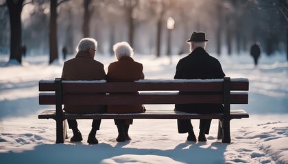 onely old man and old woman on a bench in the city winter park - obrazy, fototapety, plakaty