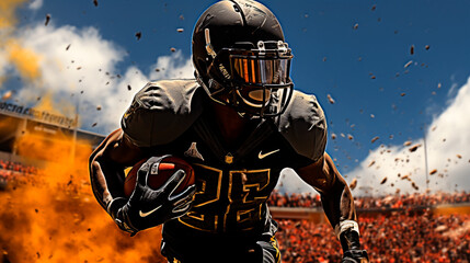 Fototapeta premium University soccer. Action photography on the field. With splashes of dirt from his running action on the field. Quarterback scoring the game-winning touchdown in the final seconds of the game.