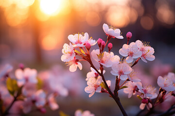 Spring background with blossoming cherry branch, sakura and bokeh. Generated by artificial intelligence
