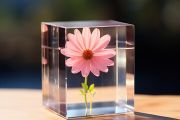 A flower in a glass cube on a blur background. Generated by artificial intelligence