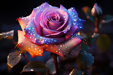 A beautiful rose with large drops of water on the petals in dramatic lighting. Generated by artificial intelligence