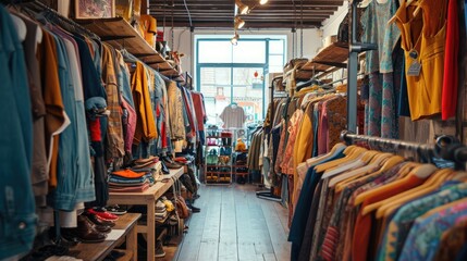 A bustling thrift store interior showcasing a diverse array of vintage clothes and accessories, with warm wooden shelving and a cozy ambiance.. - obrazy, fototapety, plakaty
