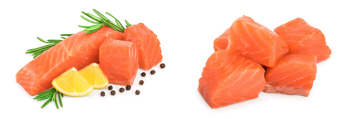raw salmon piece cube with rosemary, lemon and peppercorn isolated on white background close up