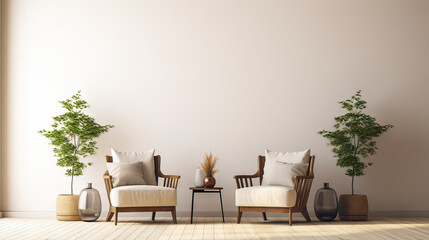 Armchair with pillow, glowing lamp, plant in pot, ottoman and round carpet on floor on gray wall background in living room. Ad blog about real estate and modern interiors, simple scandinavian design - obrazy, fototapety, plakaty