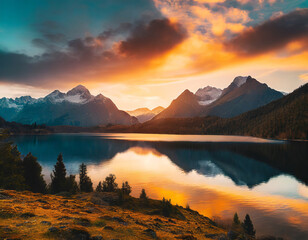 Awe-Inspiring Sunset Over the Majestic Alpine Lake