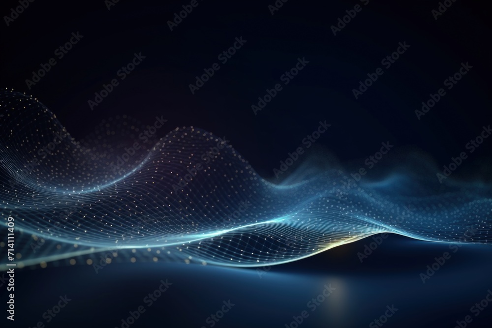 Poster dynamic digital wave background with dots and particles.