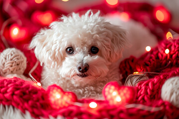 A close-up, uplit photo of a fluffy white dog surrounded by knitted red and pink heart decorations, creating a warm and festive atmosphere. Concept of St. Valentine's day, romantic