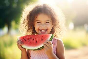 joyful little girl eats watermelon in nature and smiles. Summer. - obrazy, fototapety, plakaty