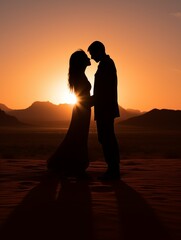 Silhouette of a loving couple at sunset in the desert.