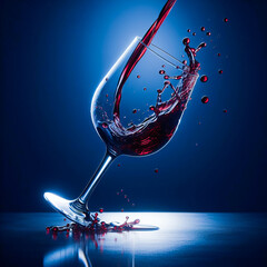 Poring red wine in a glass with a dark blue background.
