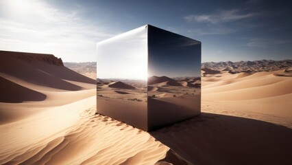 Surreal landscape with a metal cube in the desert, generative, AI - obrazy, fototapety, plakaty