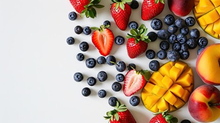 Fototapeta na wymiar Fresh fruit and berries on white background. Top view, flat lay