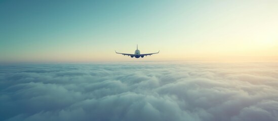 Fototapeta na wymiar Jet flying high above fog.