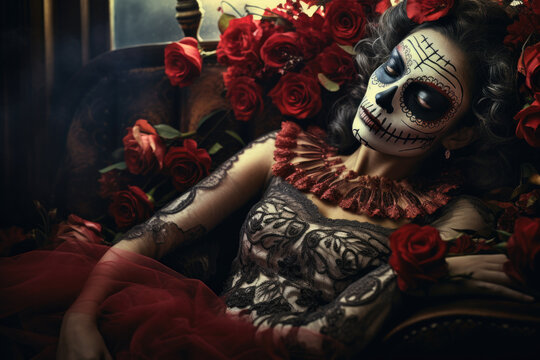Catrina with red flowers and traditional dress