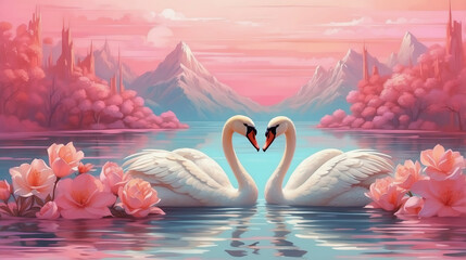 Couple of swan creating a heart shape on romantic valentines background. Valentine's day greeting card, in love - obrazy, fototapety, plakaty