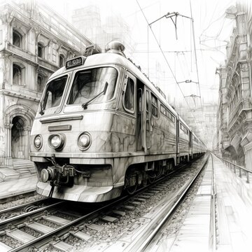 Pencil sketch electric train running image Generative AI