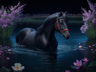 Obraz na płótnie Canvas A photo of a beautiful horse in water at night Generative AI