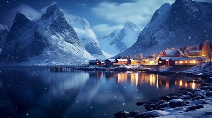 Milky Way snowy village sea mountain sky at winter night - obrazy, fototapety, plakaty
