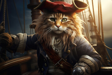 Fototapeta na wymiar Charismatic cat in pirate suit poses for camera on board