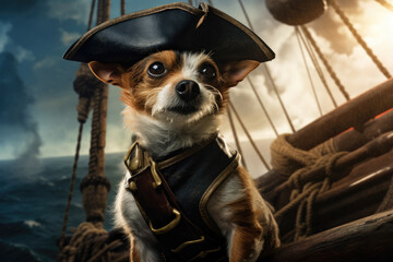 Obraz premium Charismatic cute dog in pirate suit poses for camera on board