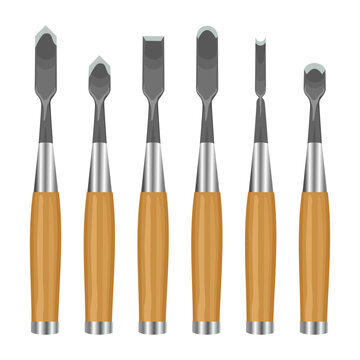Chisels of various types illustration isolated on white background. Illustration of wood carving tools. Carving tools in various types illustration.