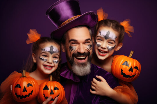 Cheerful family father and children at carnival, purple background