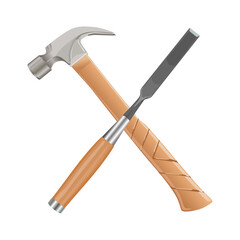 illustration of crossed chisels and hammers isolated on white background. Crossed carving tools and hammer illustration.