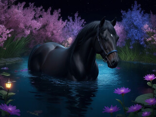 Obraz na płótnie Canvas A photo of a beautiful horse in water at night Generative AI