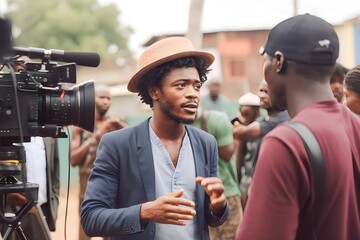 African Actors Interacting with Director may receive directions or instructions for a particular scene - obrazy, fototapety, plakaty