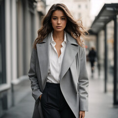 Fototapeta premium A young woman in a gray and white coat